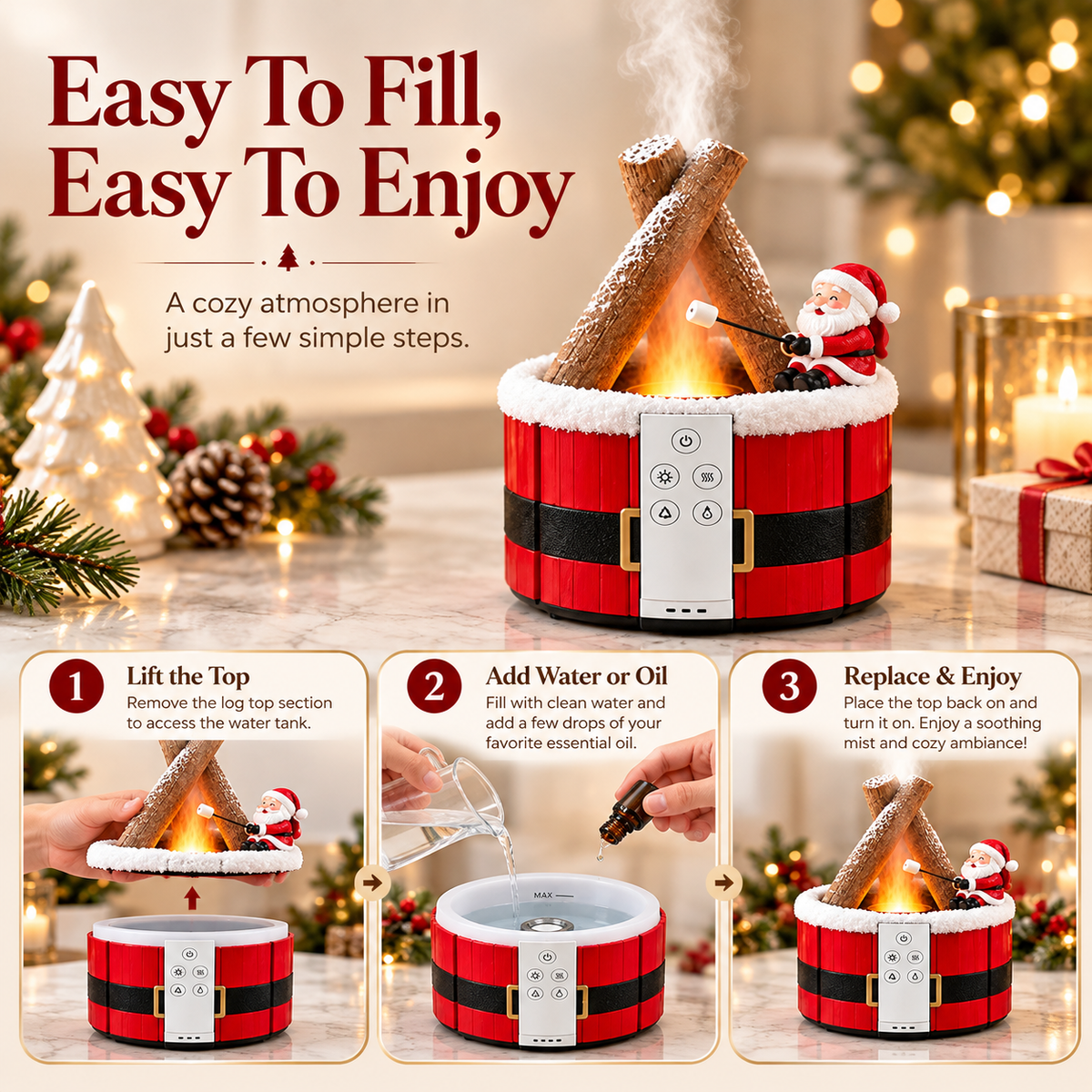 🎄🔥 MerryMist™ Christmas Campfire Diffuser – Santa & Gingerbread Glowing Flame-Mist Holiday Decor ✨🎁
