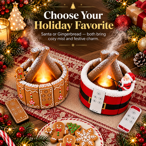 🎄🔥 MerryMist™ Christmas Campfire Diffuser – Santa & Gingerbread Glowing Flame-Mist Holiday Decor ✨🎁