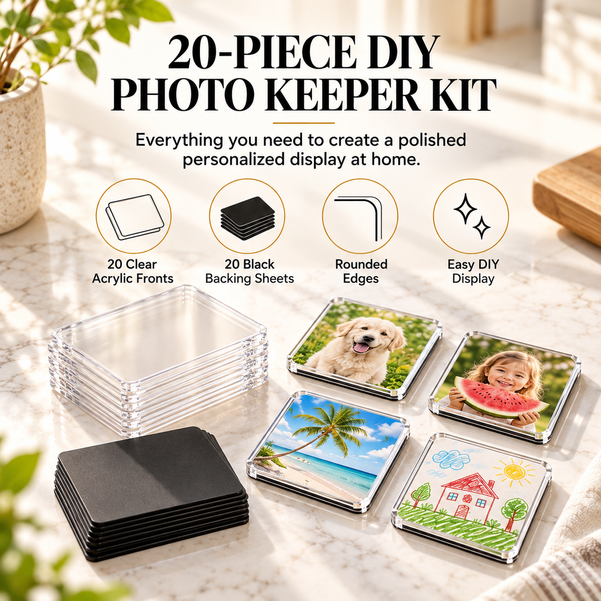 📸 DIY Magnetic Photo Keeper Kit – 20 Clear Acrylic Mini Frames for Memories, Pets & Personalized Gifts ✨