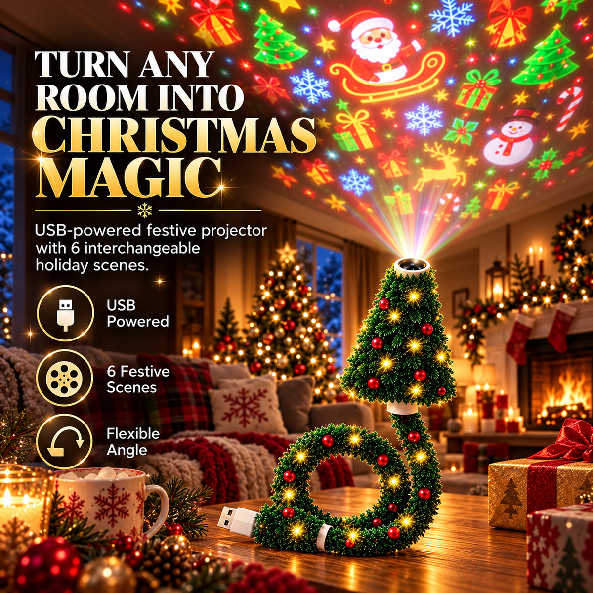 🎄✨ USB Christmas Projection Lamp – 6 Festive Scenes, Flexible Tree-Shaped Holiday Projector 🎅