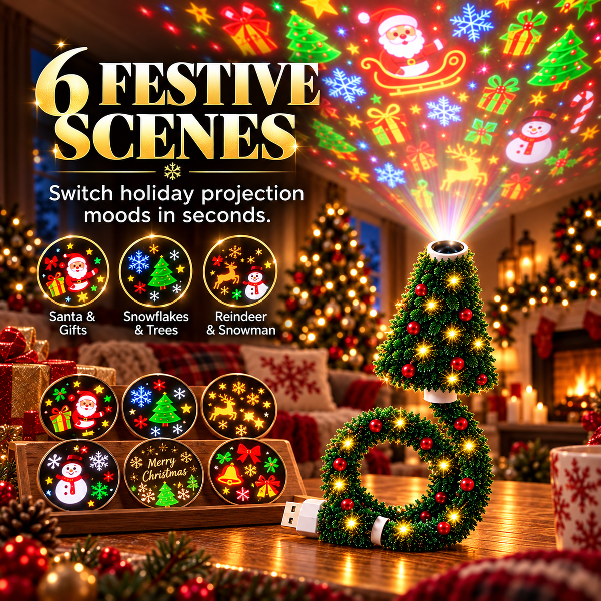 🎄✨ USB Christmas Projection Lamp – 6 Festive Scenes, Flexible Tree-Shaped Holiday Projector 🎅