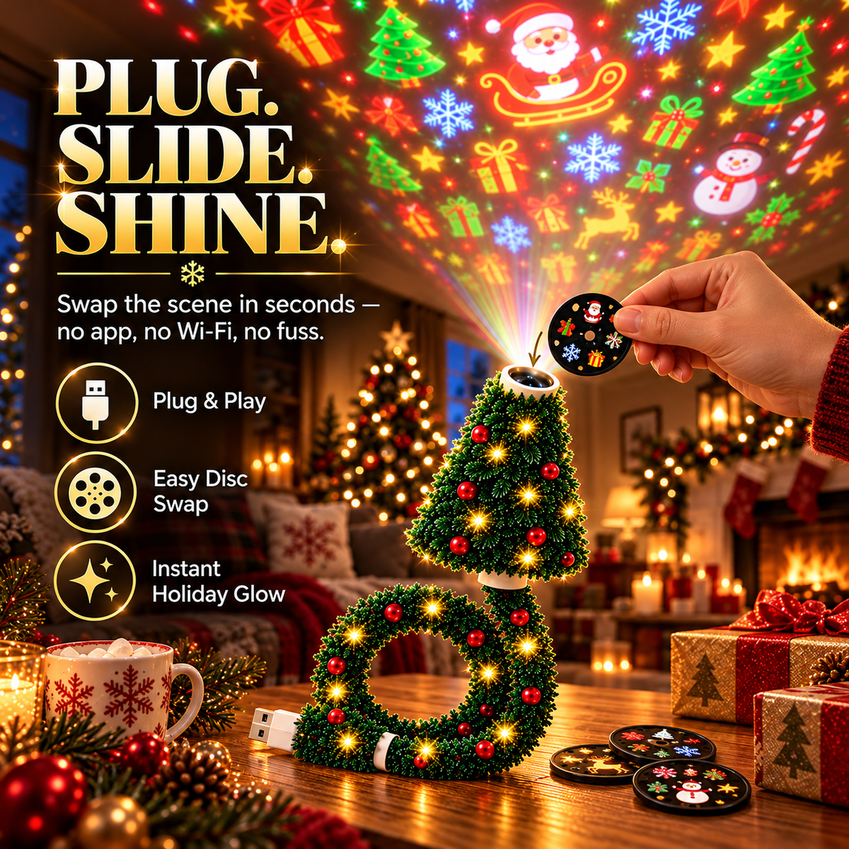 🎄✨ USB Christmas Projection Lamp – 6 Festive Scenes, Flexible Tree-Shaped Holiday Projector 🎅