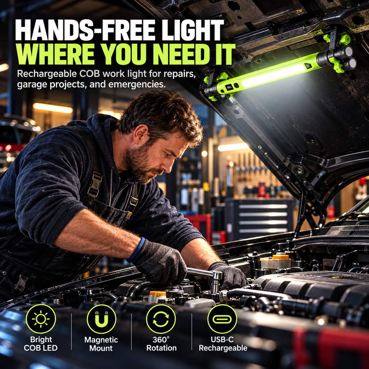 🔦 Rechargeable COB Work Light – Magnetic LED Mechanic Light with Hook, Clamp, 360° Rotation & USB-C ⚡