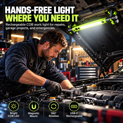 🔦 Rechargeable COB Work Light – Magnetic LED Mechanic Light with Hook, Clamp, 360° Rotation & USB-C ⚡