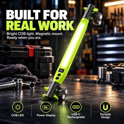 🔦 Rechargeable COB Work Light – Magnetic LED Mechanic Light with Hook, Clamp, 360° Rotation & USB-C ⚡