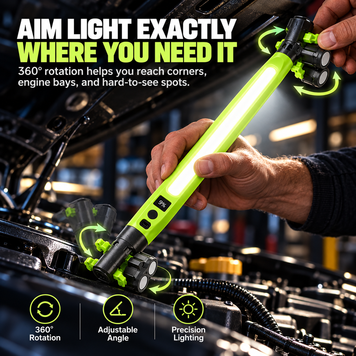 🔦 Rechargeable COB Work Light – Magnetic LED Mechanic Light with Hook, Clamp, 360° Rotation & USB-C ⚡