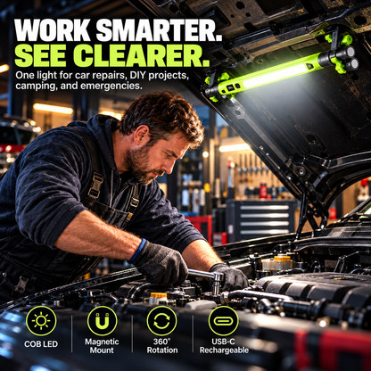 🔦 Rechargeable COB Work Light – Magnetic LED Mechanic Light with Hook, Clamp, 360° Rotation & USB-C ⚡