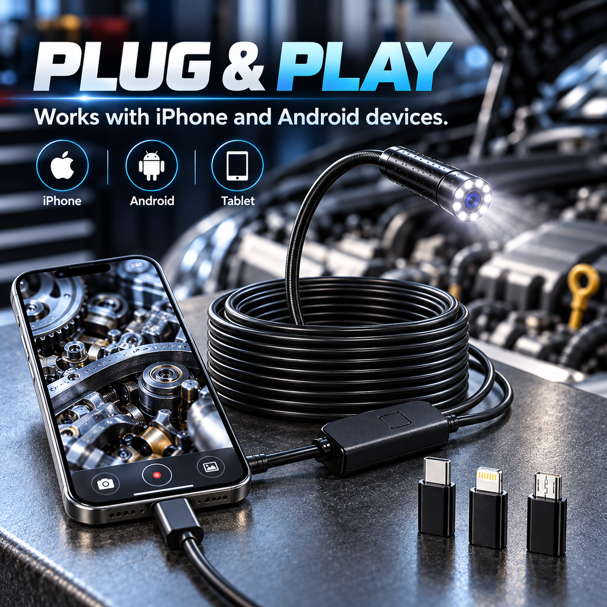 🔍 HD Inspection Camera for iPhone & Android – 11.48FT Cable, 8 LED Lights & Waterproof Probe 🚗