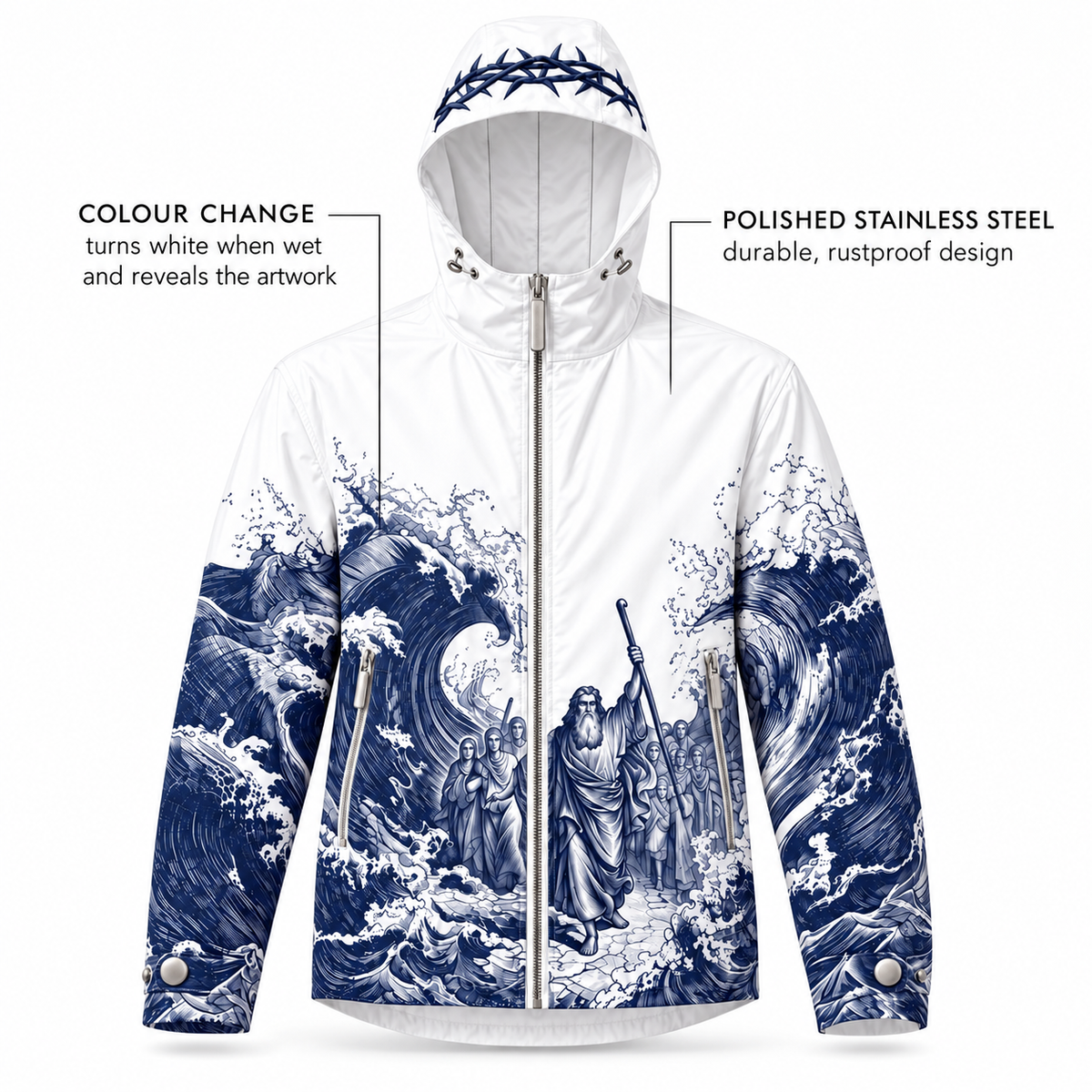 🌧️ The Rain Shell – 3-Layer Waterproof Jacket | Faith-Inspired Artwork, Embroidered Hood & Premium Metal Details