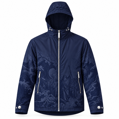 🌧️ The Rain Shell – 3-Layer Waterproof Jacket | Faith-Inspired Artwork, Embroidered Hood & Premium Metal Details