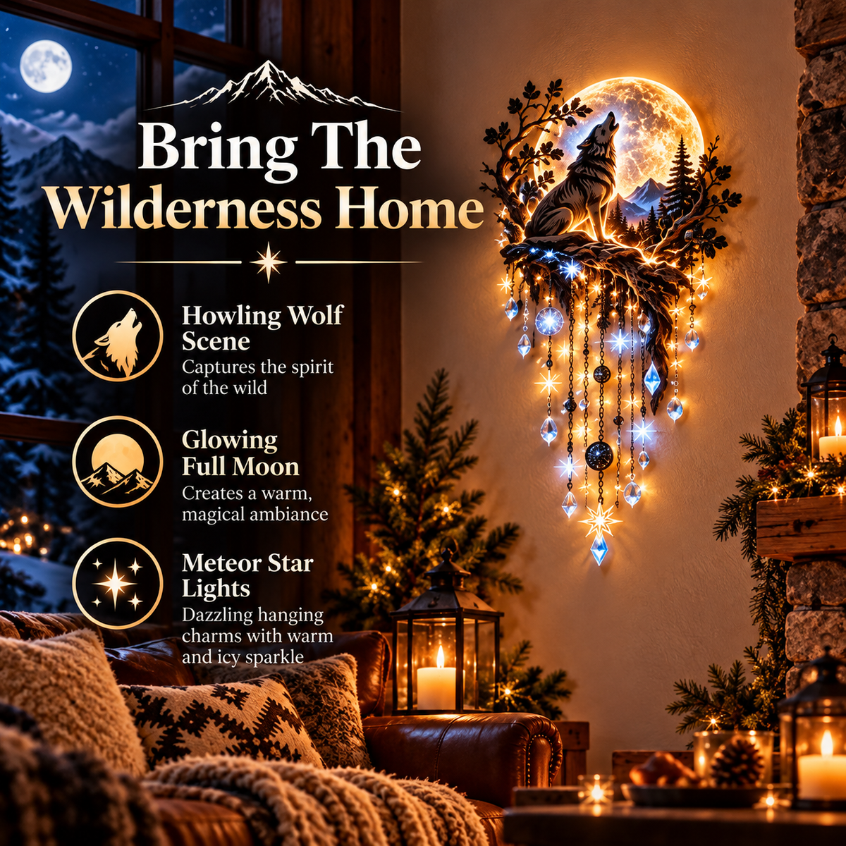 🐺🌕 Howling Wolf Moon Starfall Wall Light – Glowing Wilderness Wall Art with Hanging Star Accents ✨
