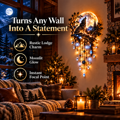 🐺🌕 Howling Wolf Moon Starfall Wall Light – Glowing Wilderness Wall Art with Hanging Star Accents ✨