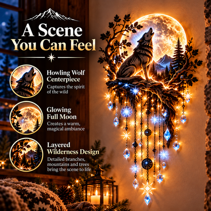 🐺🌕 Howling Wolf Moon Starfall Wall Light – Glowing Wilderness Wall Art with Hanging Star Accents ✨