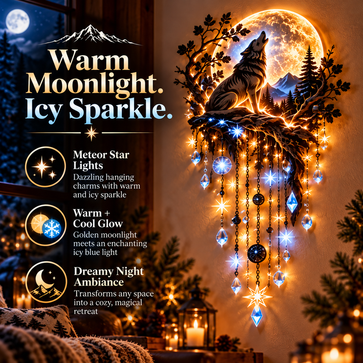 🐺🌕 Howling Wolf Moon Starfall Wall Light – Glowing Wilderness Wall Art with Hanging Star Accents ✨
