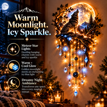 🐺🌕 Howling Wolf Moon Starfall Wall Light – Glowing Wilderness Wall Art with Hanging Star Accents ✨