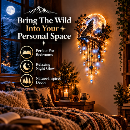 🐺🌕 Howling Wolf Moon Starfall Wall Light – Glowing Wilderness Wall Art with Hanging Star Accents ✨