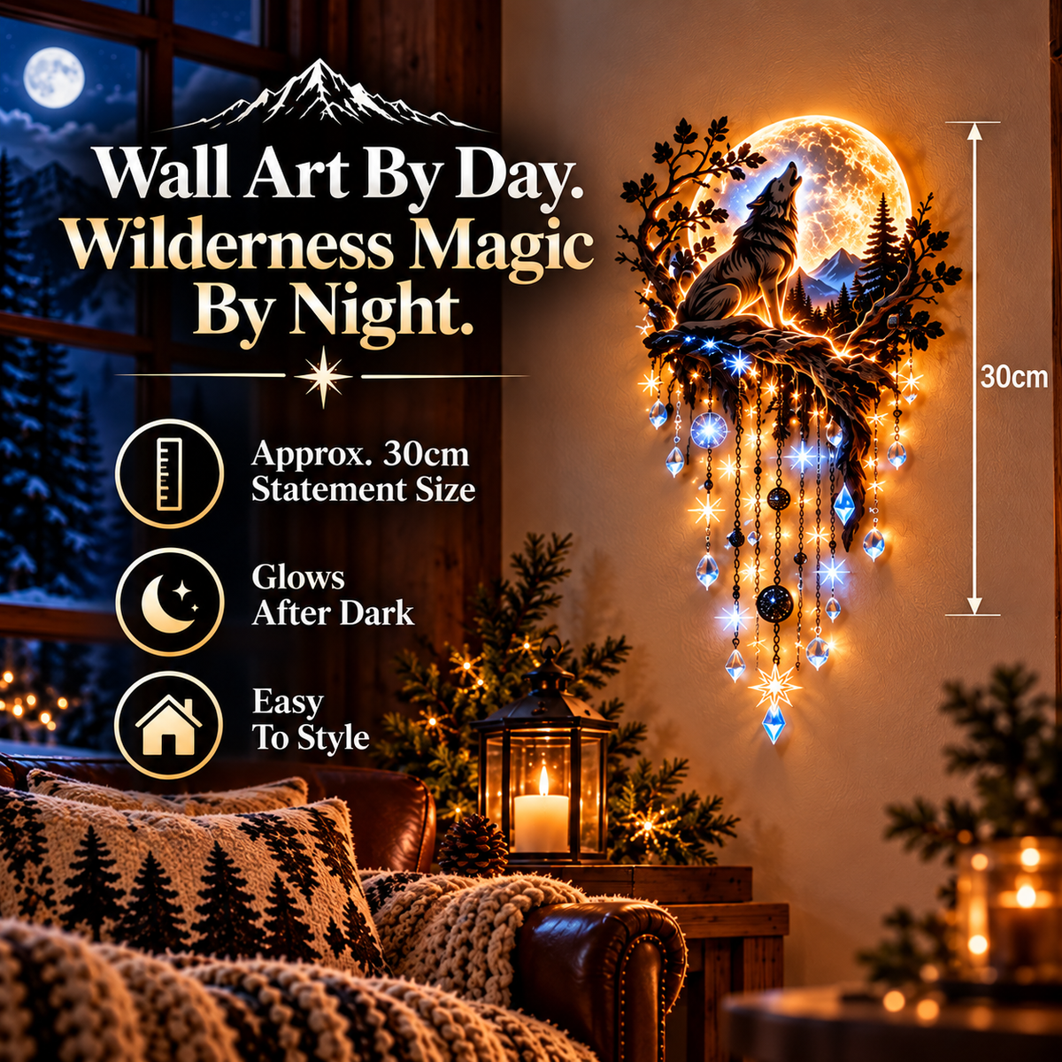 🐺🌕 Howling Wolf Moon Starfall Wall Light – Glowing Wilderness Wall Art with Hanging Star Accents ✨