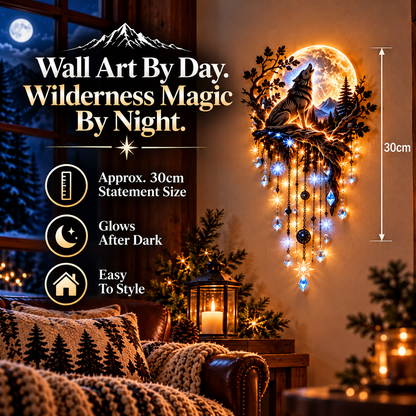 🐺🌕 Howling Wolf Moon Starfall Wall Light – Glowing Wilderness Wall Art with Hanging Star Accents ✨