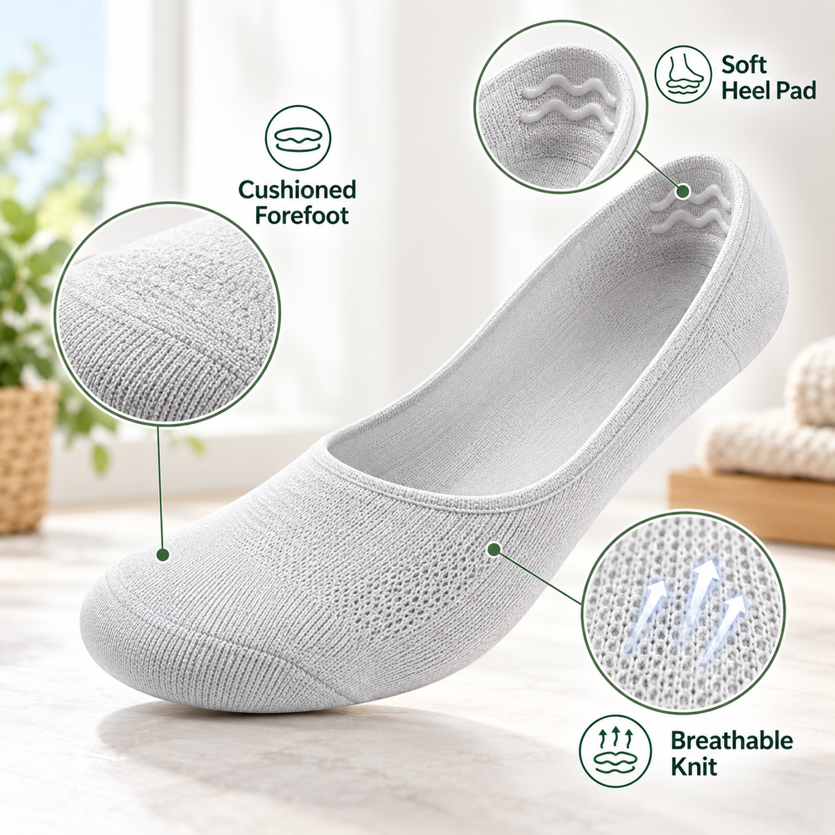 Close-up of cushioned forefoot knit texture and soft wavy heel grip inside gray no-show sock