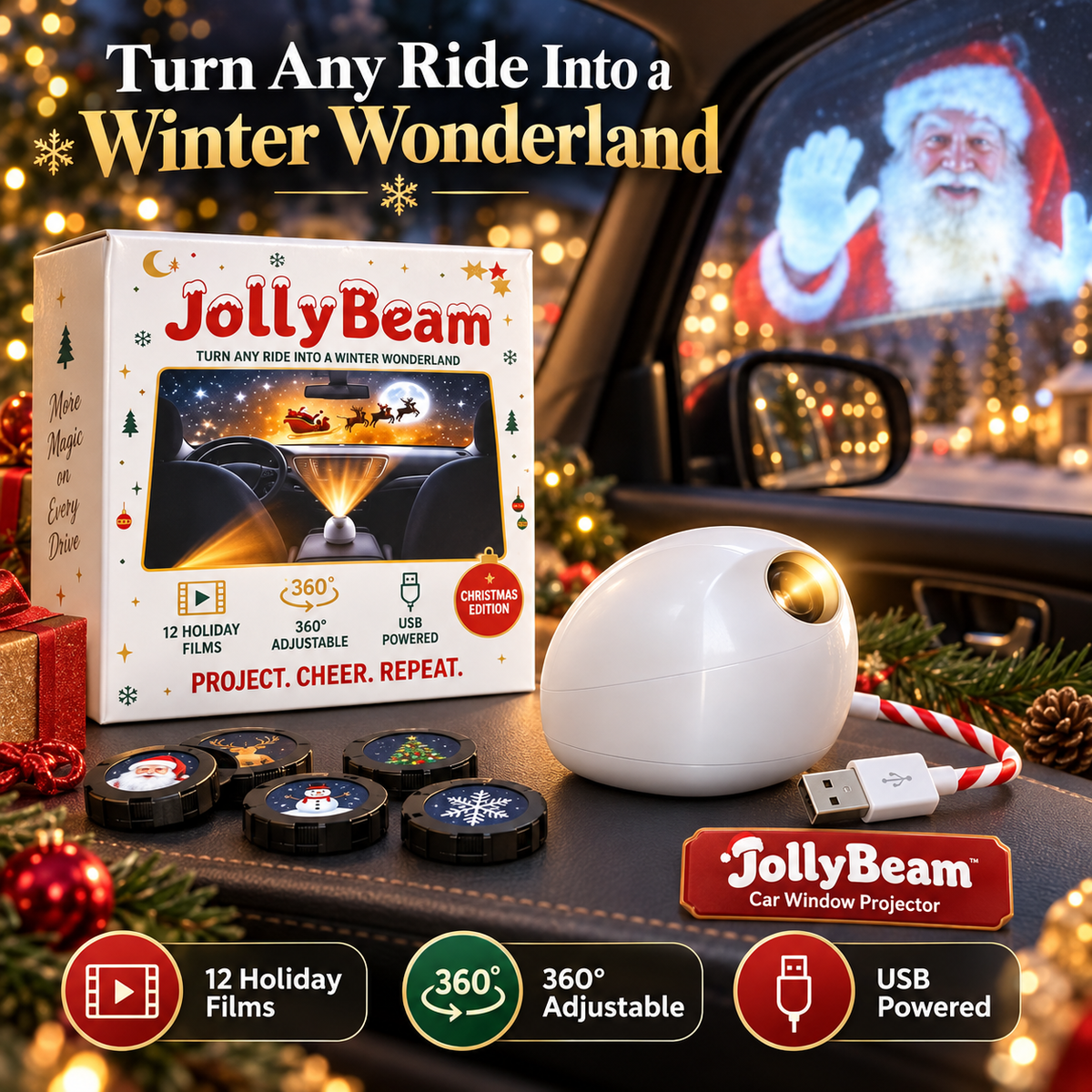 🎄 JollyBeam Car Window Projector ✨ 12 Holiday Films USB Christmas Car Decor