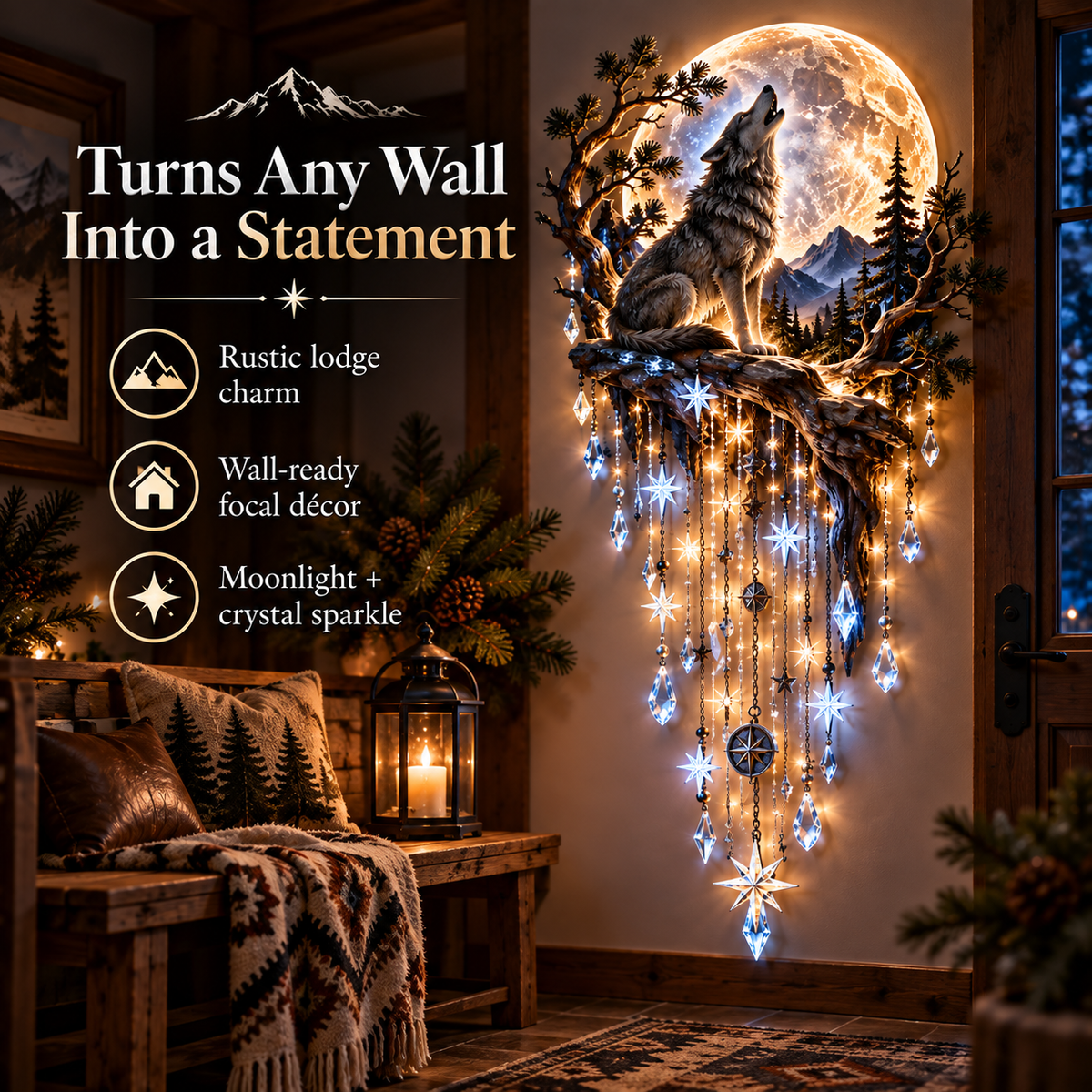 🐺 Wolf Howling Moon Starfall Wall Light – Wilderness Night Décor