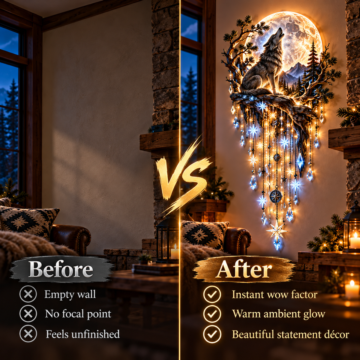 🐺 Wolf Howling Moon Starfall Wall Light – Wilderness Night Décor