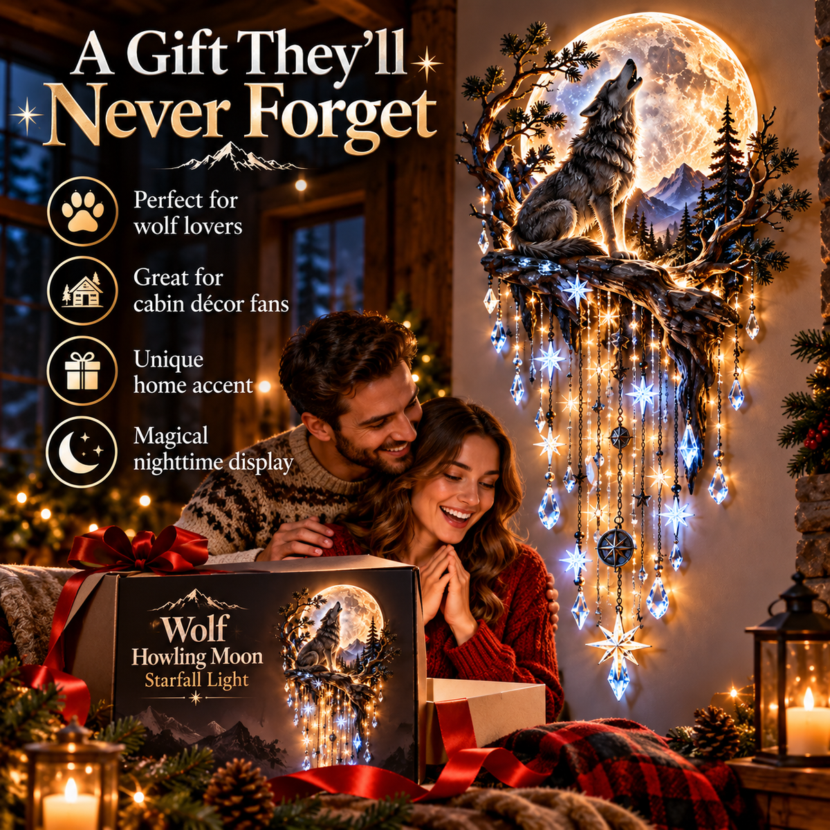 🐺 Wolf Howling Moon Starfall Wall Light – Wilderness Night Décor