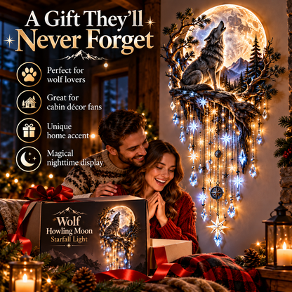 🐺 Wolf Howling Moon Starfall Wall Light – Wilderness Night Décor