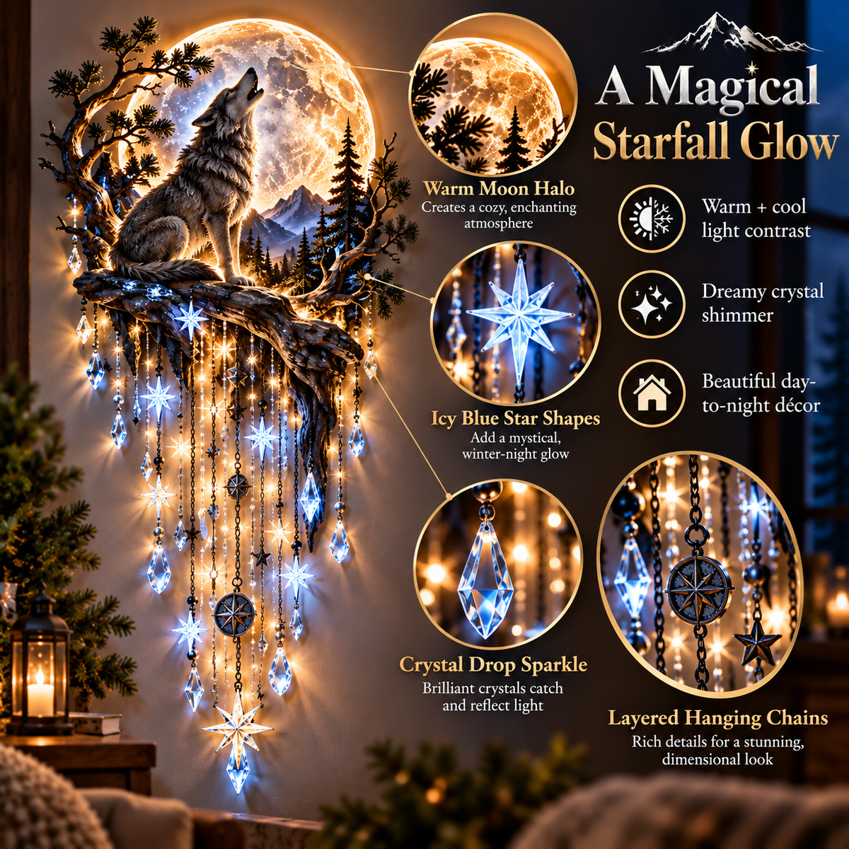 🐺 Wolf Howling Moon Starfall Wall Light – Wilderness Night Décor