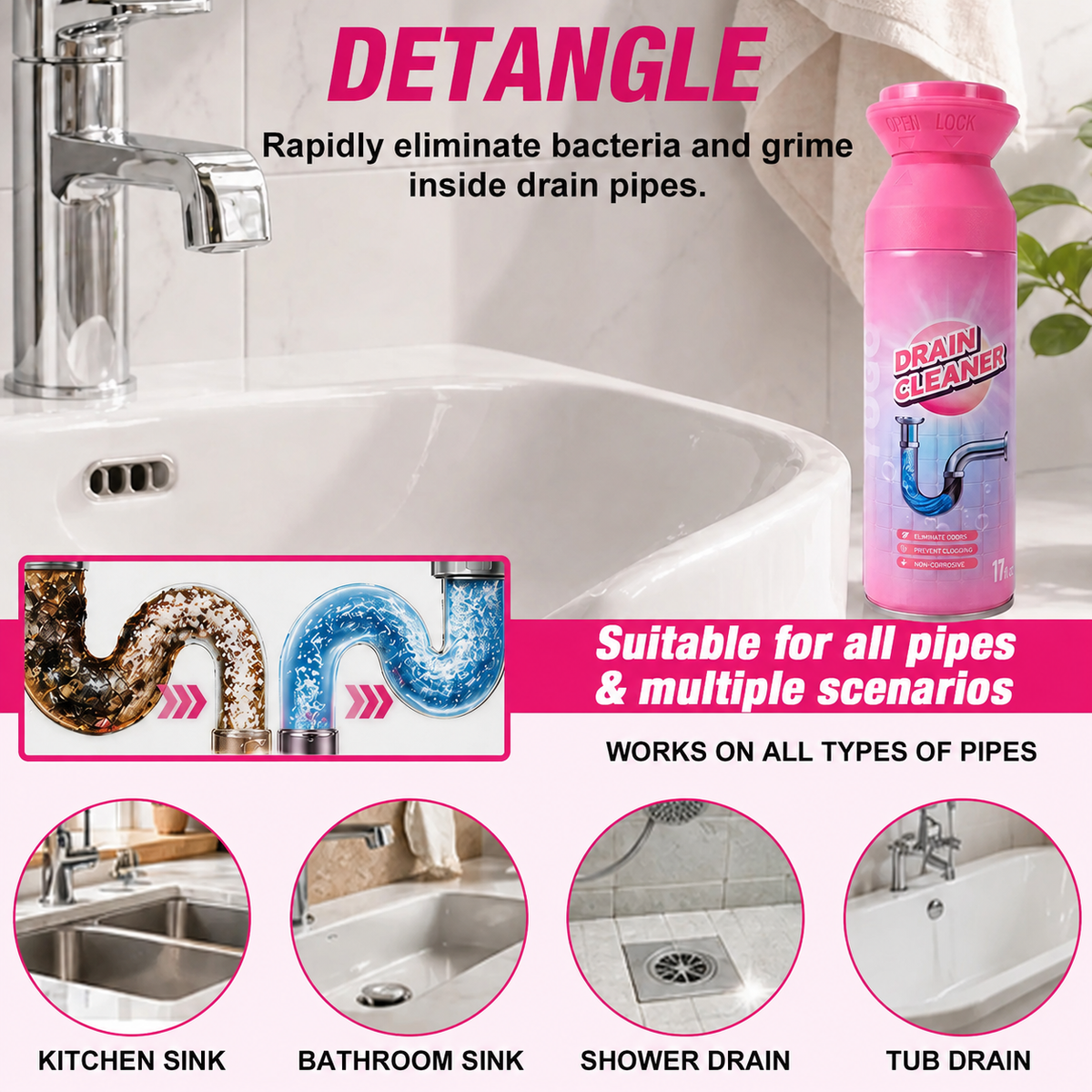 🫧Household Safe Foam Mousse Drain Cleaner - Clog Remover, Deodorizer for Kitchen Drains and Sinks