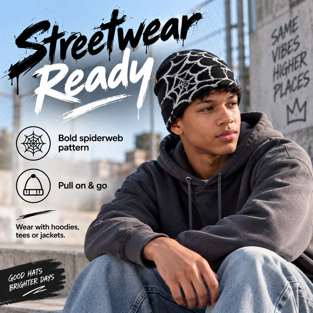 🕸️Oversized Spiderweb Knit Beanie – Bold Contrast Streetwear Winter Hat