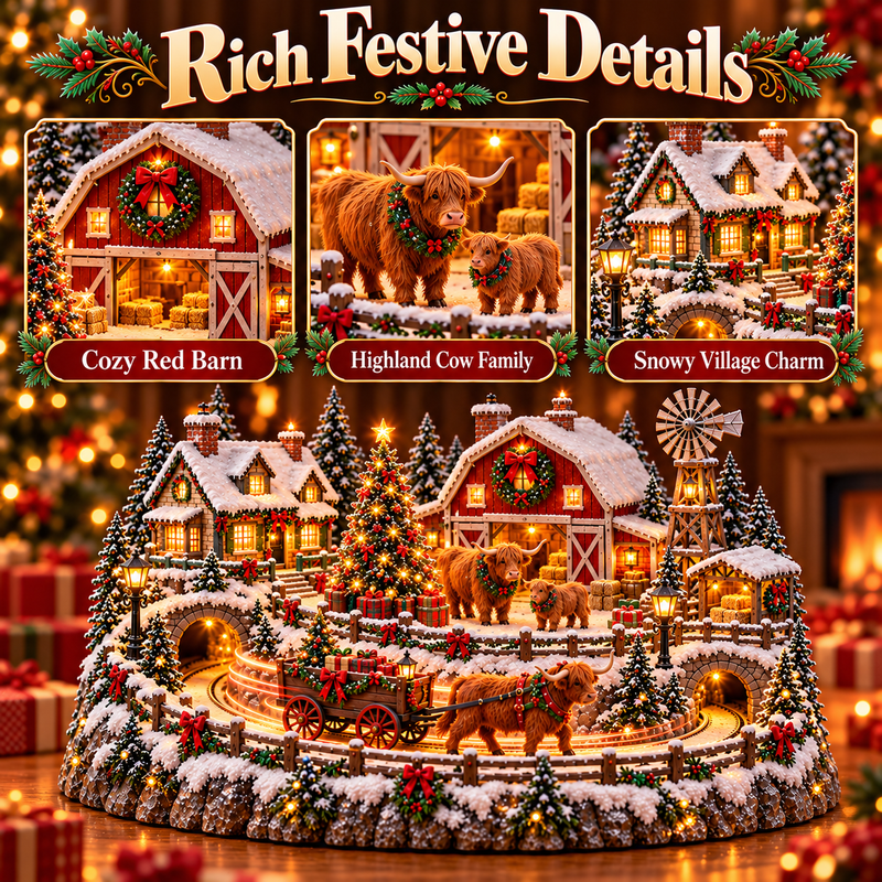 🐄🎄 Highland Cow Christmas Farm Village – Lighted Holiday Display with Moving Wagon
