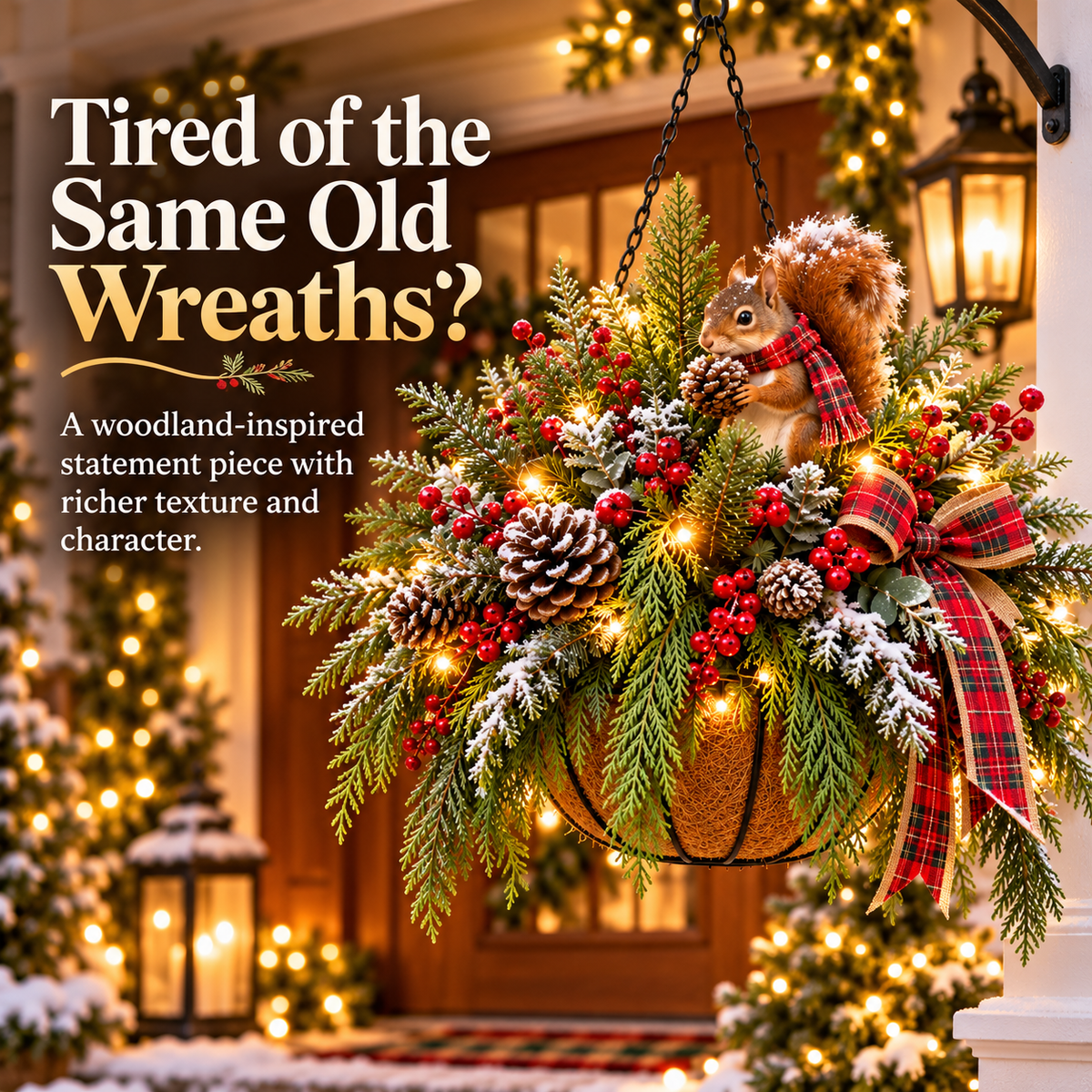 🎄✨ 50% OFF | Cedar Squirrel Christmas Hanging Basket™ – Pre-Lit Woodland Holiday Porch Decor with Pinecones, Red Berries & Plaid Bow 🐿️