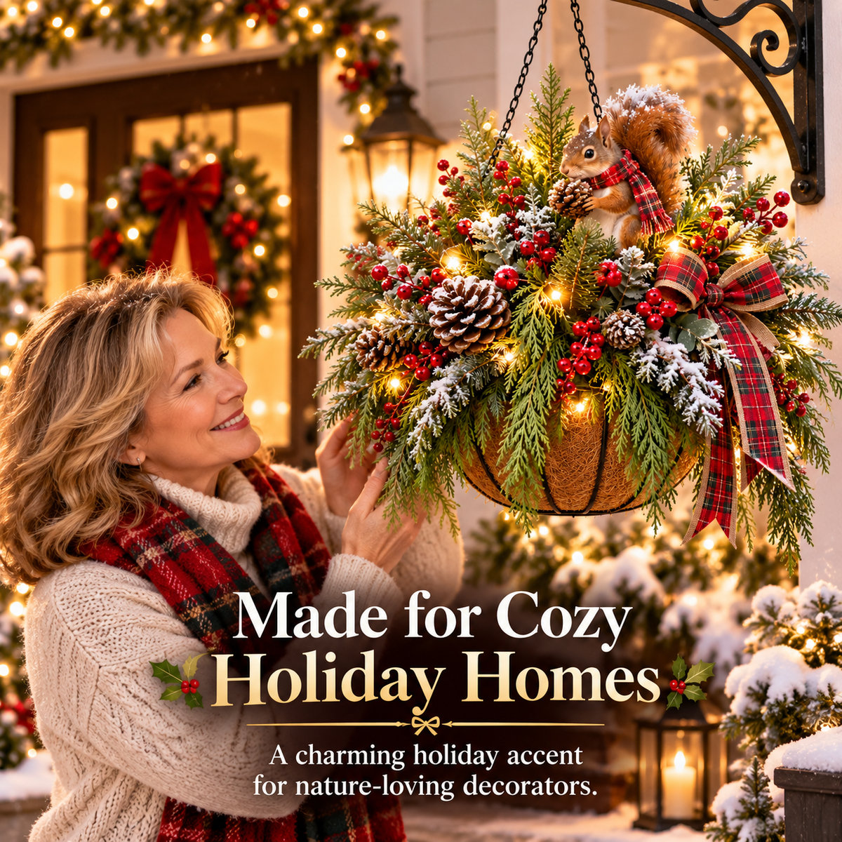 🎄✨ 50% OFF | Cedar Squirrel Christmas Hanging Basket™ – Pre-Lit Woodland Holiday Porch Decor with Pinecones, Red Berries & Plaid Bow 🐿️