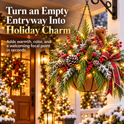 🎄✨ 50% OFF | Cedar Squirrel Christmas Hanging Basket™ – Pre-Lit Woodland Holiday Porch Decor with Pinecones, Red Berries & Plaid Bow 🐿️