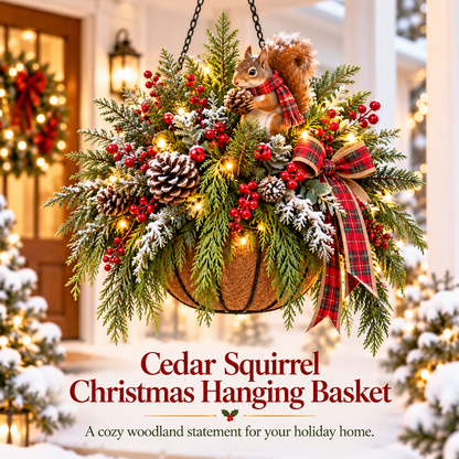 🎄✨ 50% OFF | Cedar Squirrel Christmas Hanging Basket™ – Pre-Lit Woodland Holiday Porch Decor with Pinecones, Red Berries & Plaid Bow 🐿️