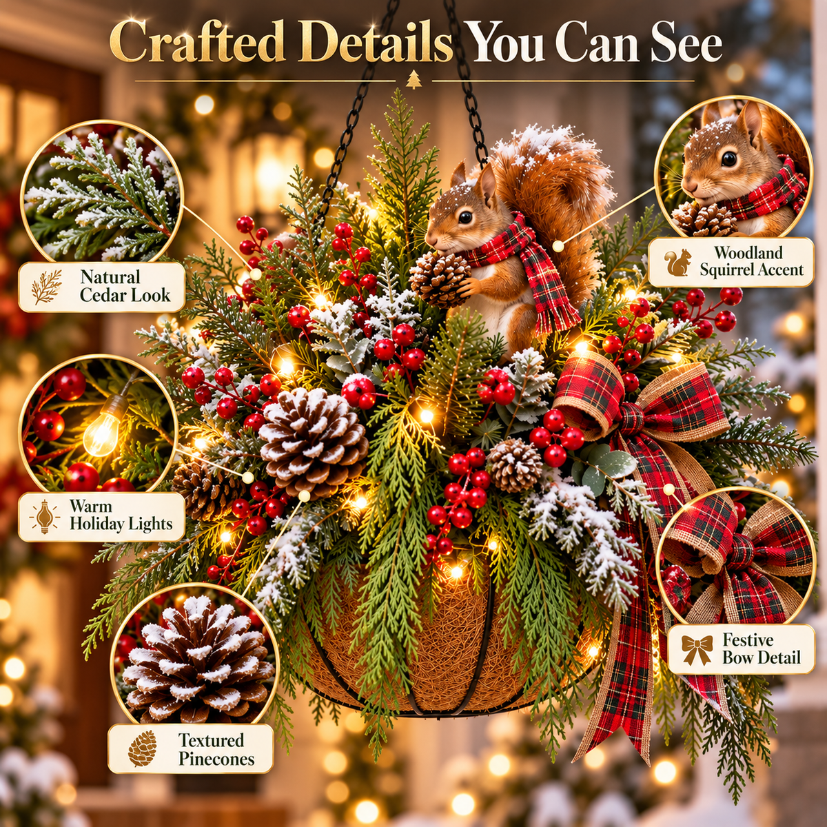 🎄✨ 50% OFF | Cedar Squirrel Christmas Hanging Basket™ – Pre-Lit Woodland Holiday Porch Decor with Pinecones, Red Berries & Plaid Bow 🐿️