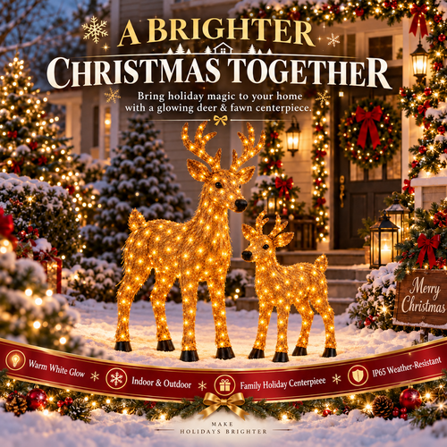 🎄 Magical Light-Up Christmas Deer & Fawn Set ✨ – Warm White LED Indoor & Outdoor Holiday Décor