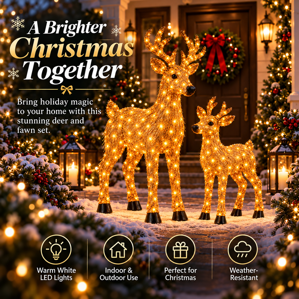 🎄 Magical Light-Up Christmas Deer & Fawn Set ✨ – Warm White LED Indoor & Outdoor Holiday Décor
