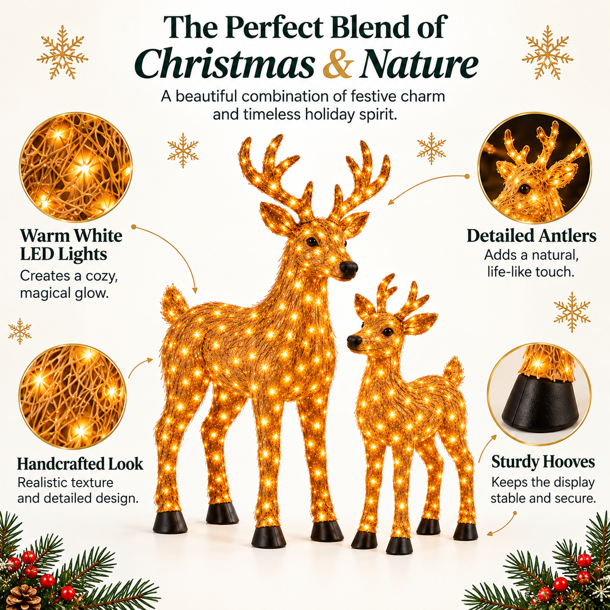 🎄 Magical Light-Up Christmas Deer & Fawn Set ✨ – Warm White LED Indoor & Outdoor Holiday Décor
