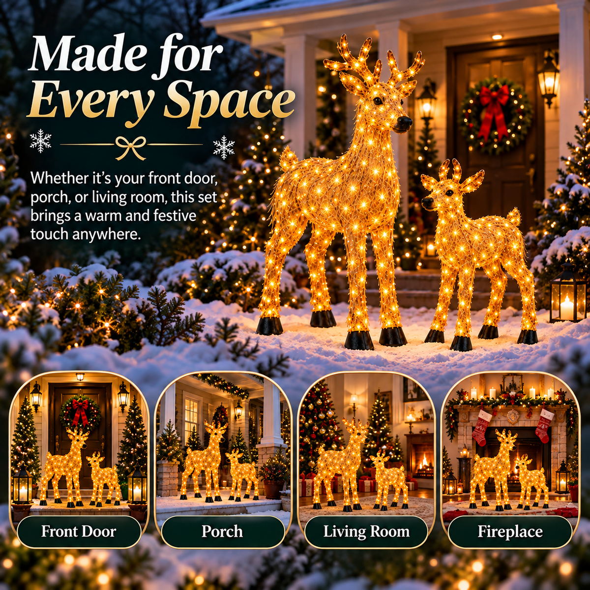 🎄 Magical Light-Up Christmas Deer & Fawn Set ✨ – Warm White LED Indoor & Outdoor Holiday Décor
