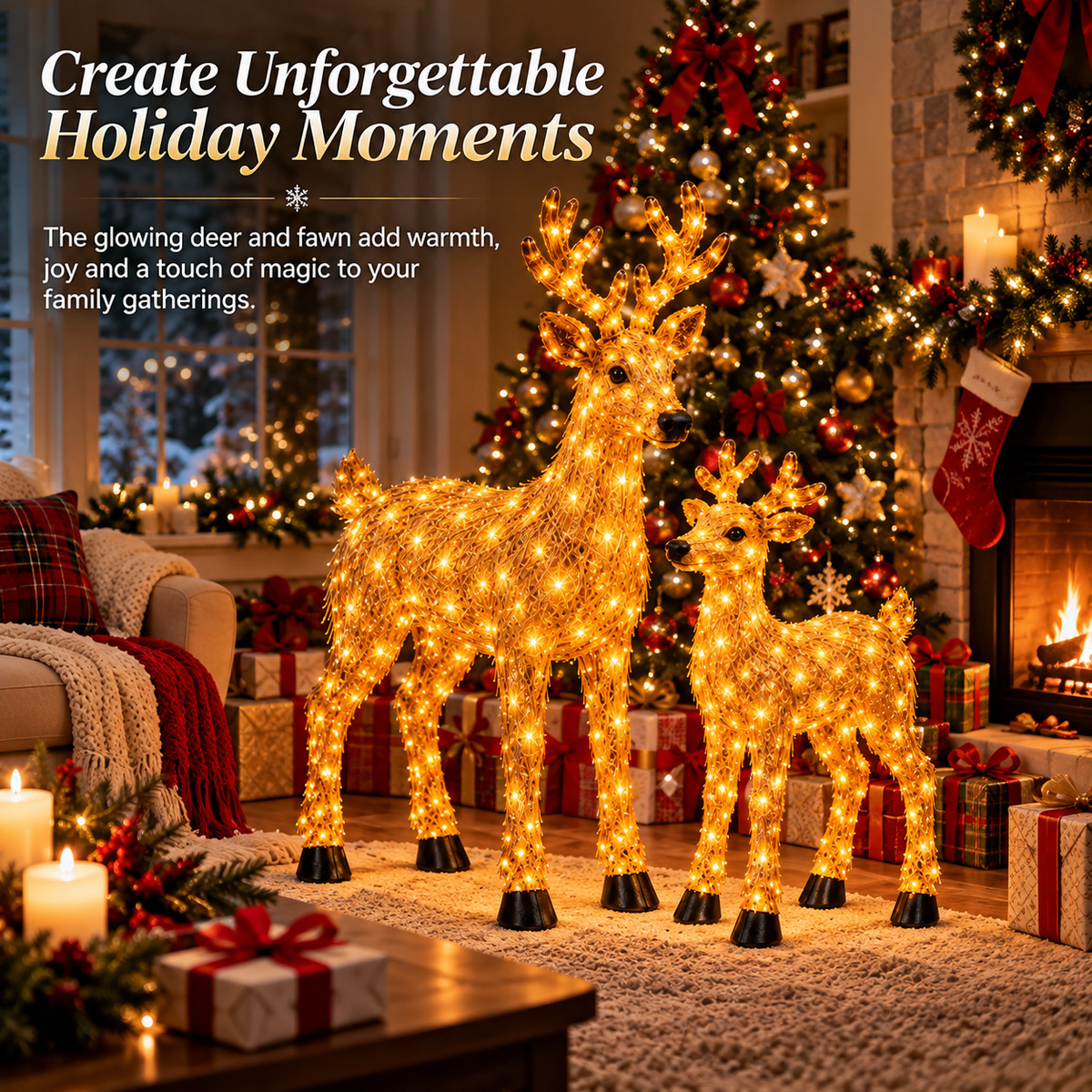 🎄 Magical Light-Up Christmas Deer & Fawn Set ✨ – Warm White LED Indoor & Outdoor Holiday Décor