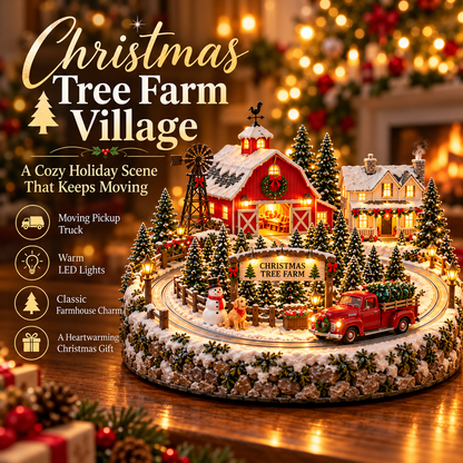 🌲 Lighted Christmas Tree Farm Village | Red Barn & Vintage Pickup Décor