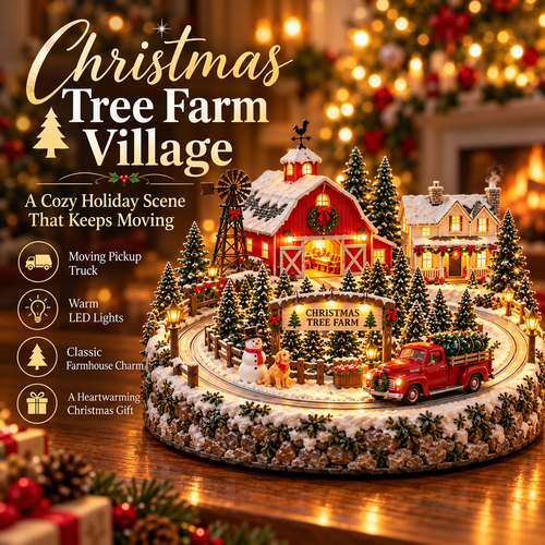 🌲 Lighted Christmas Tree Farm Village | Red Barn & Vintage Pickup Décor