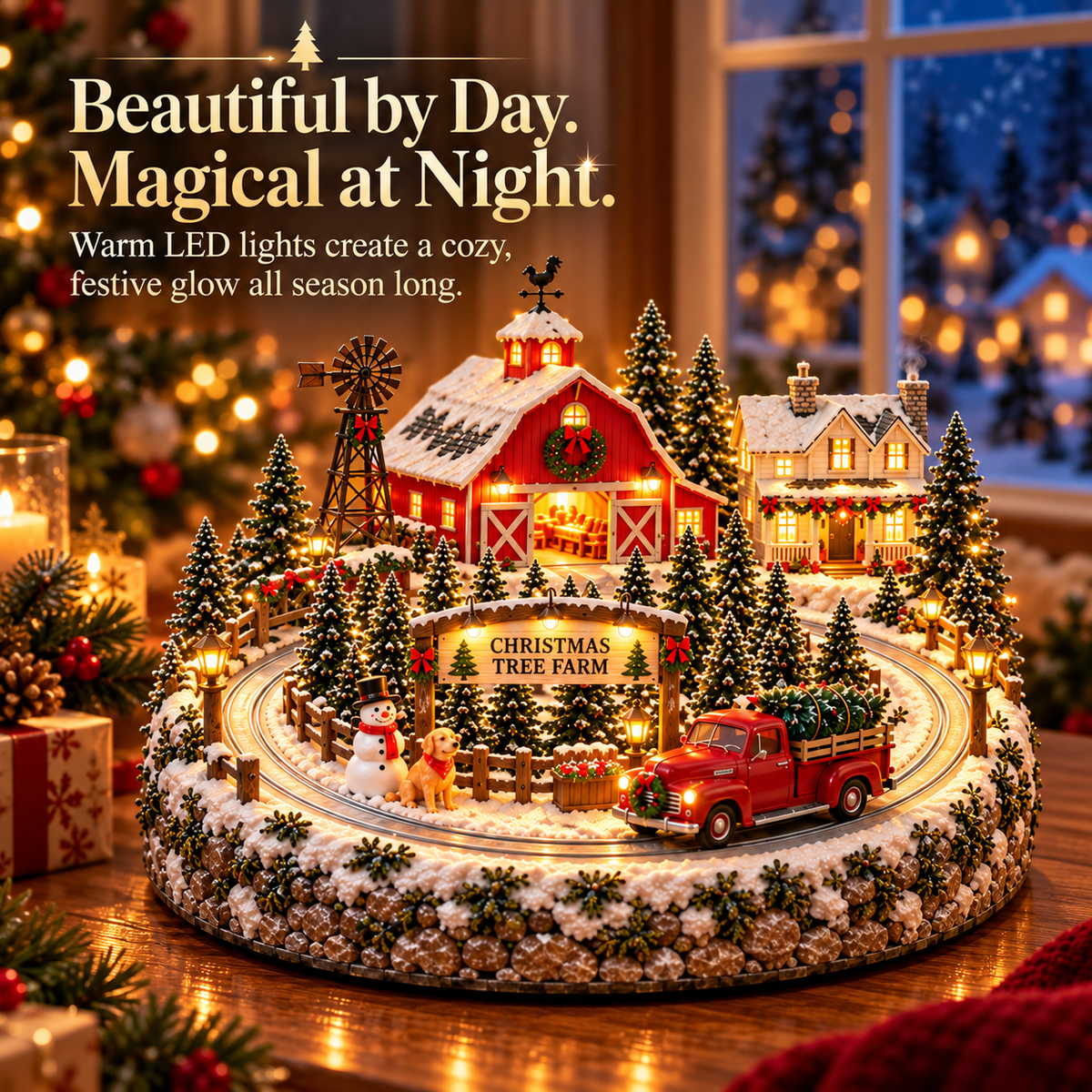 🌲 Lighted Christmas Tree Farm Village | Red Barn & Vintage Pickup Décor