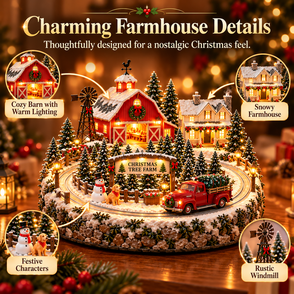 🌲 Lighted Christmas Tree Farm Village | Red Barn & Vintage Pickup Décor