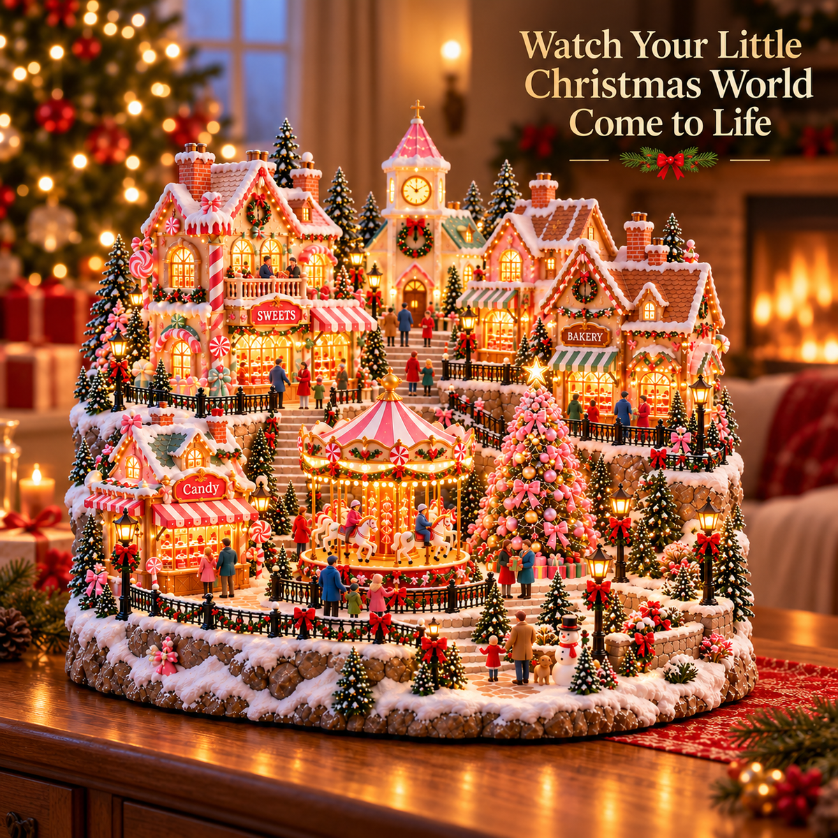 🔥Last Day 50%🎄 🍬Magical Christmas Candy Village – ✨Lighted Miniature Holiday Wonderland with Carousel