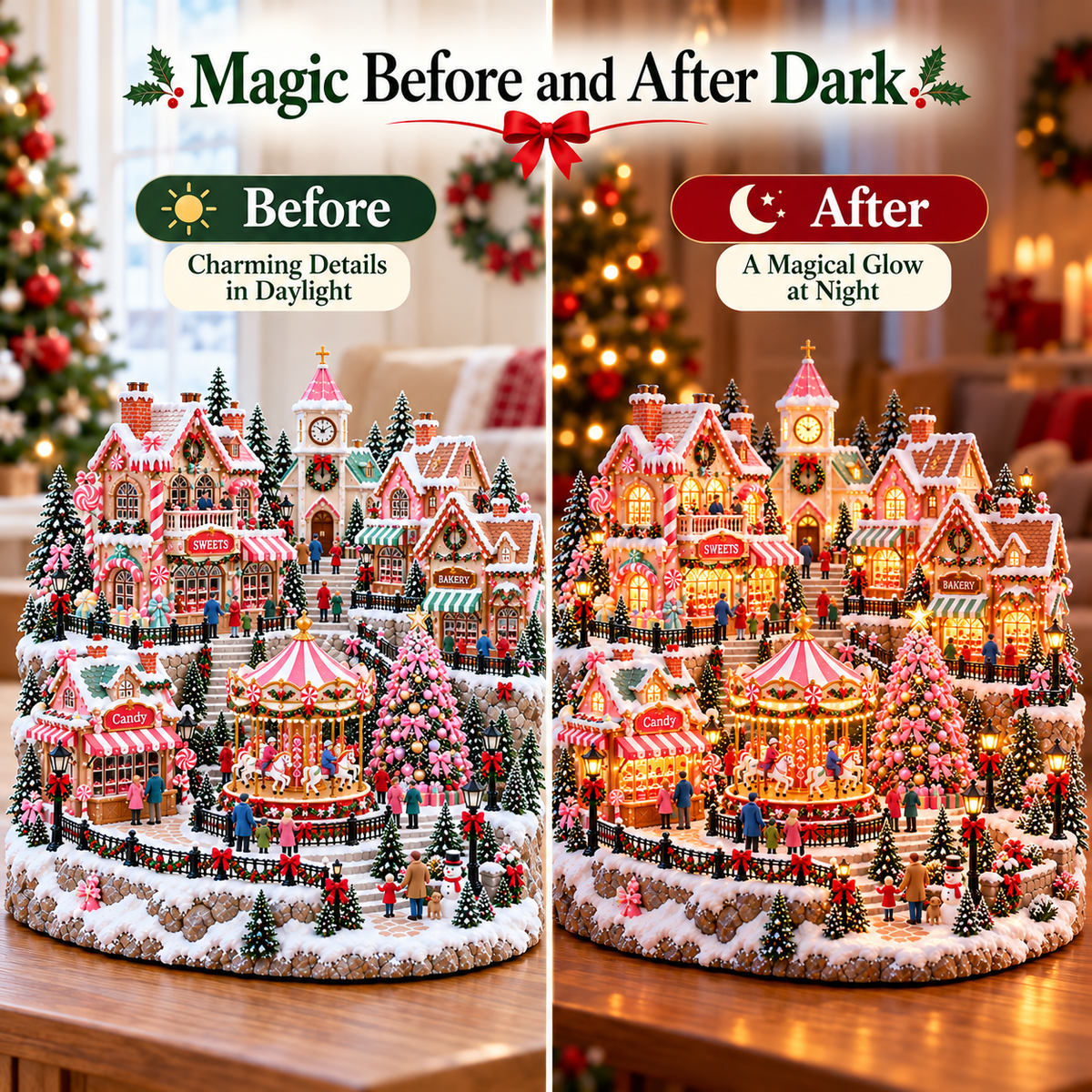 🔥Last Day 50%🎄 🍬Magical Christmas Candy Village – ✨Lighted Miniature Holiday Wonderland with Carousel