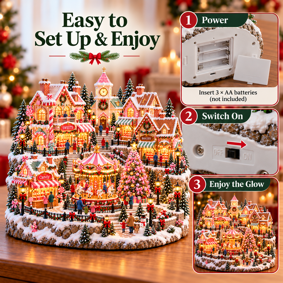 🔥Last Day 50%🎄 🍬Magical Christmas Candy Village – ✨Lighted Miniature Holiday Wonderland with Carousel