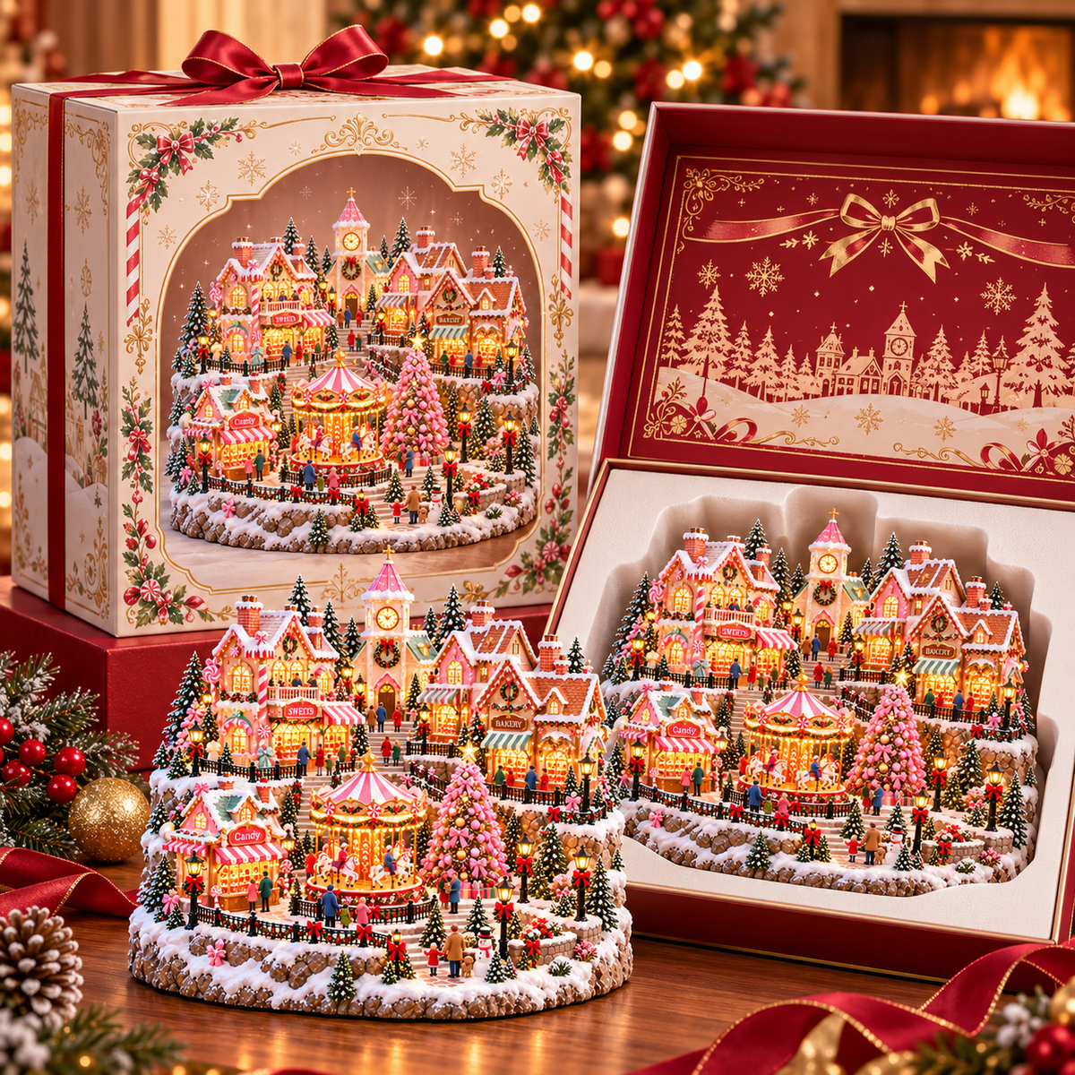 🔥Last Day 50%🎄 🍬Magical Christmas Candy Village – ✨Lighted Miniature Holiday Wonderland with Carousel